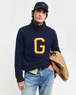 Gant Męski Granatowy Sweter Z Golfem Z Mieszanki Bawełny İ Wełny