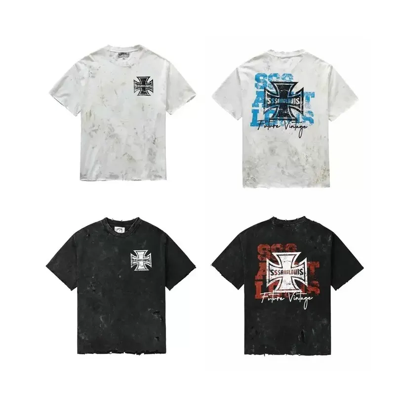 SSSAINT LOUIS Cross Medal Round-neck Pullover Short-Sleeve Vintage Weathered Hole T-Shirt Trendy for Men and Women