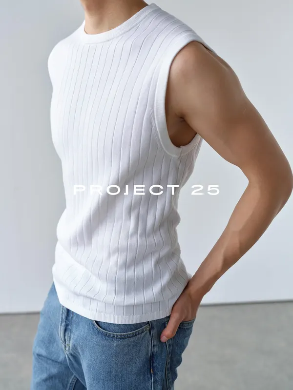 PROJECT 25Men Summer Double Yarn Cotton Vertical Rib Knit Vest Minimalist Sleeveless Tank Top Casual Knitted Waistcoat Outerwear
