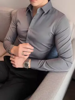 High-End, Stylish Gray Long-Sleeve Suit Shirt For Men, Stretchy, Slim-Fit, Business Formal Wear, Fleece-Lined Black Shirt,