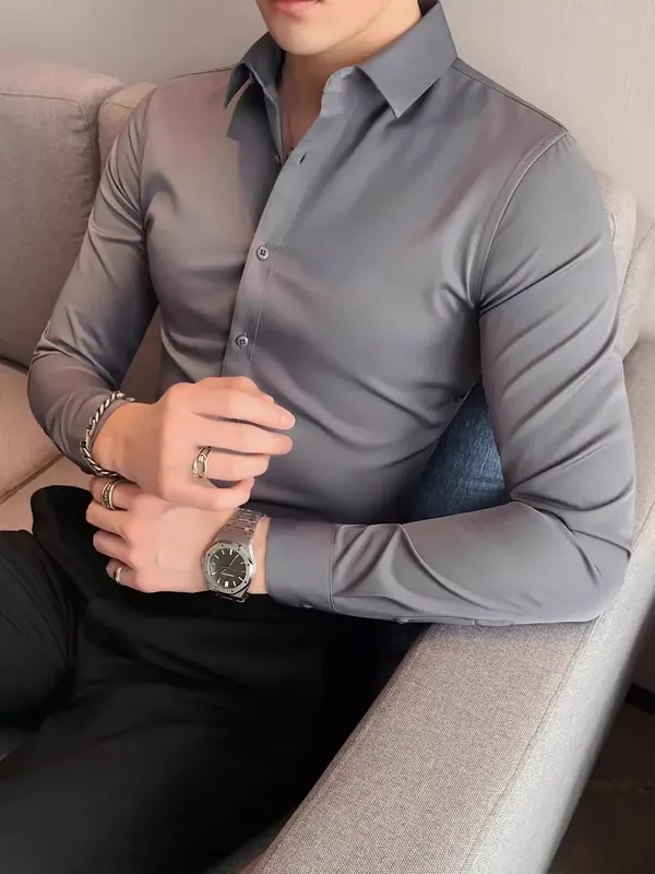 High-End, Stylish Gray Long-Sleeve Suit Shirt For Men, Stretchy, Slim-Fit, Business Formal Wear, Fleece-Lined Black Shirt,