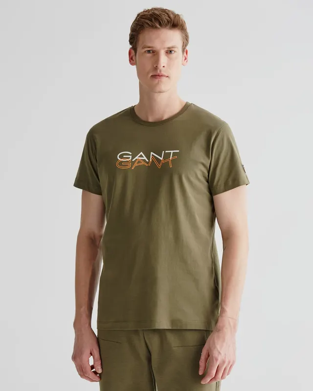 Gant Bawełniany T-Shirt Męski Z Nadrukiem Regular Fit Zielony