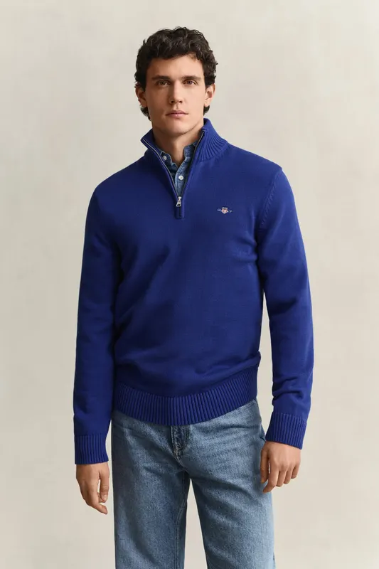 Gant Bawełniany Sweter Męski Half Zip Niebieski