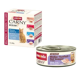 animonda Carny: Ocean, 12 x 80 g + Adult Fine Fillets w galarecie, 60 g gratis! - 4 smaki, mieszany pakiet I + Biały tuńczyk i lucjan czerwony