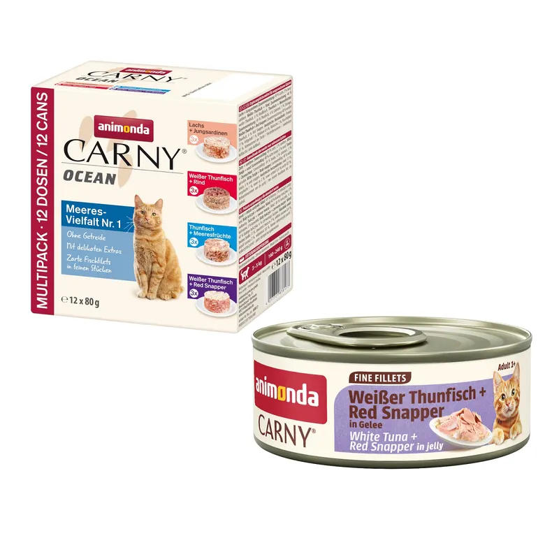 animonda Carny: Ocean, 12 x 80 g + Adult Fine Fillets w galarecie, 60 g gratis! - 4 smaki, mieszany pakiet I + Biały tuńczyk i lucjan czerwony