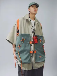 Unsiex Cargo Shirts 2026 Summer New Streetwear Cargo Short Sleeve Shirt Men Hip Hop Loose Fake Two Piece Vest Half Sleeve Tops