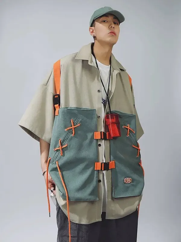Unsiex Cargo Shirts 2026 Summer New Streetwear Cargo Short Sleeve Shirt Men Hip Hop Loose Fake Two Piece Vest Half Sleeve Tops