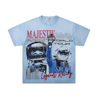 Majestic Retro Racing Theme Printed Short-Sleeved T-Shirt - Loose Fit, Weathered with Glitter Stickers - Suitable Summer