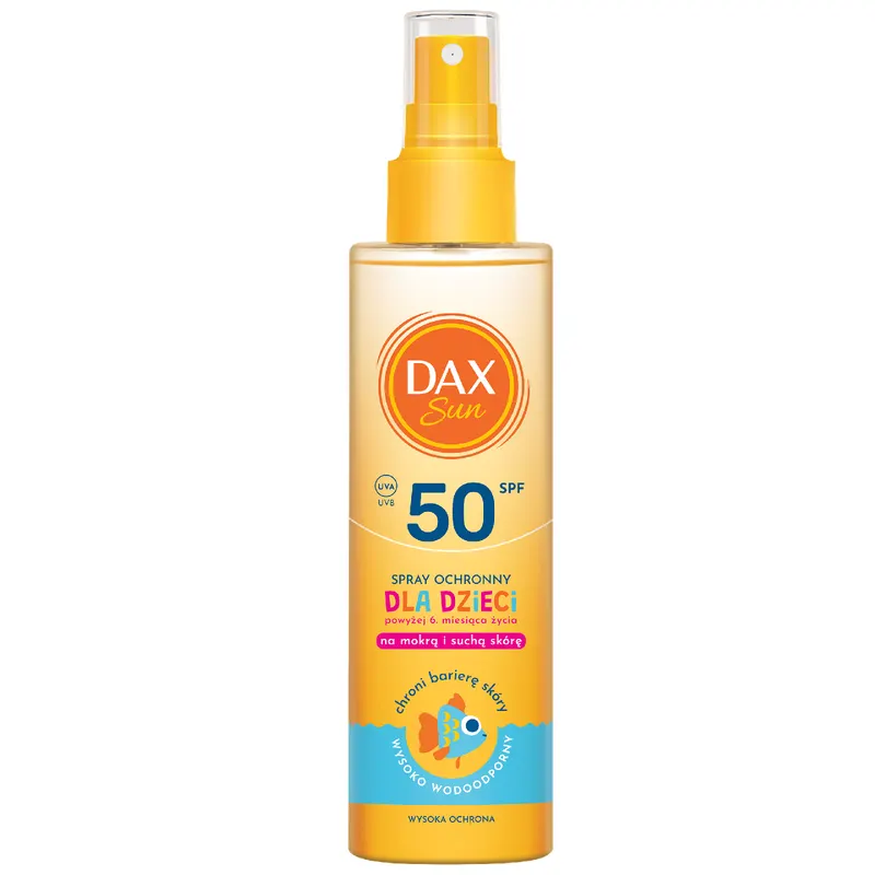 Dax Sun wysoko wodoodporny spray do opalania SPF 50 dla dzieci powyżej 6. miesiąca życia z olejem bawełny, canola i migdałowym 150 ml