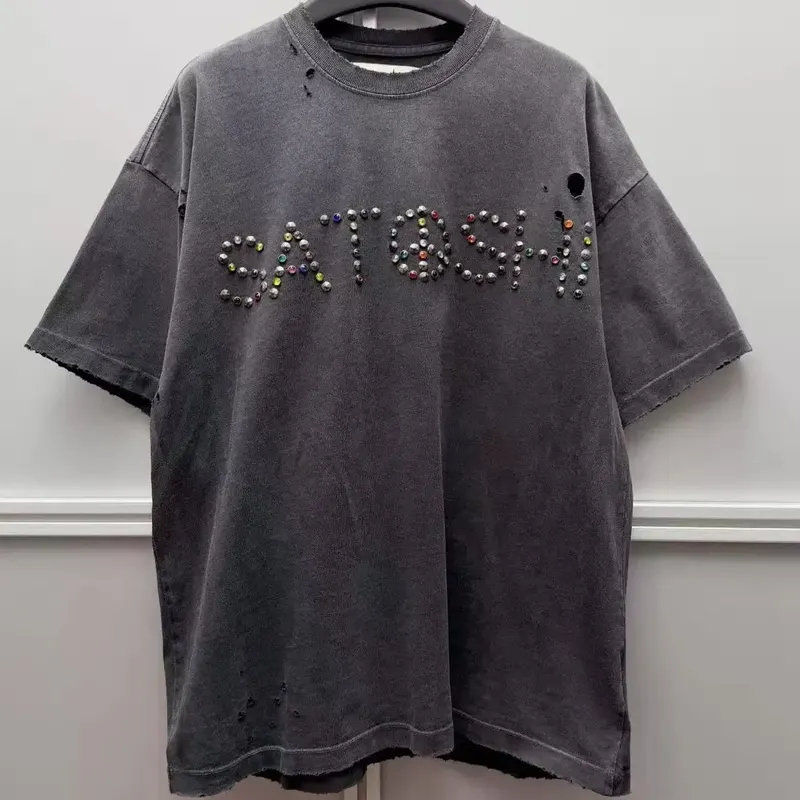 Yao Fashion Satoshi Tops Whatever It Takes Logo embellished Distressed Print Tees Hole New Vintage Casual T-shirt for Men