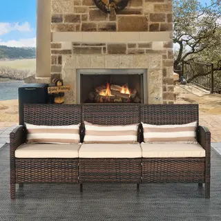 Sofa rattanowa z poduszkami, trzyosobowa, ogrodowa sofa wypoczynkowa, stal, brązowa, 173 x 68 x 78 cm