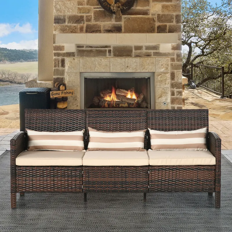 Sofa rattanowa z poduszkami, trzyosobowa, ogrodowa sofa wypoczynkowa, stal, brązowa, 173 x 68 x 78 cm