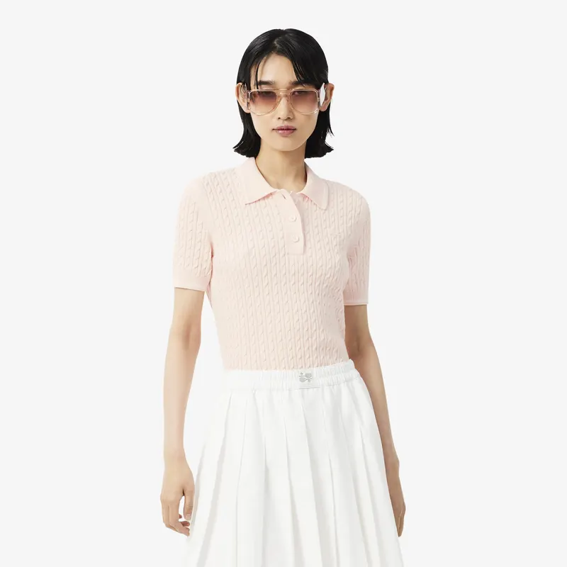 Lacoste Sweter Z Golfem W Prążki Bawełna Warkoczowa Różowy