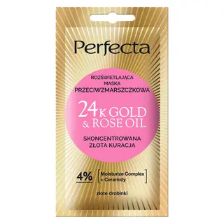 Perfecta 24K Gold&Rose Oil maska rozświetlająco-przeciwzmarszczkowa z 24K złotem, olejem różanym, ceramidami i niacynamidem 8 ml