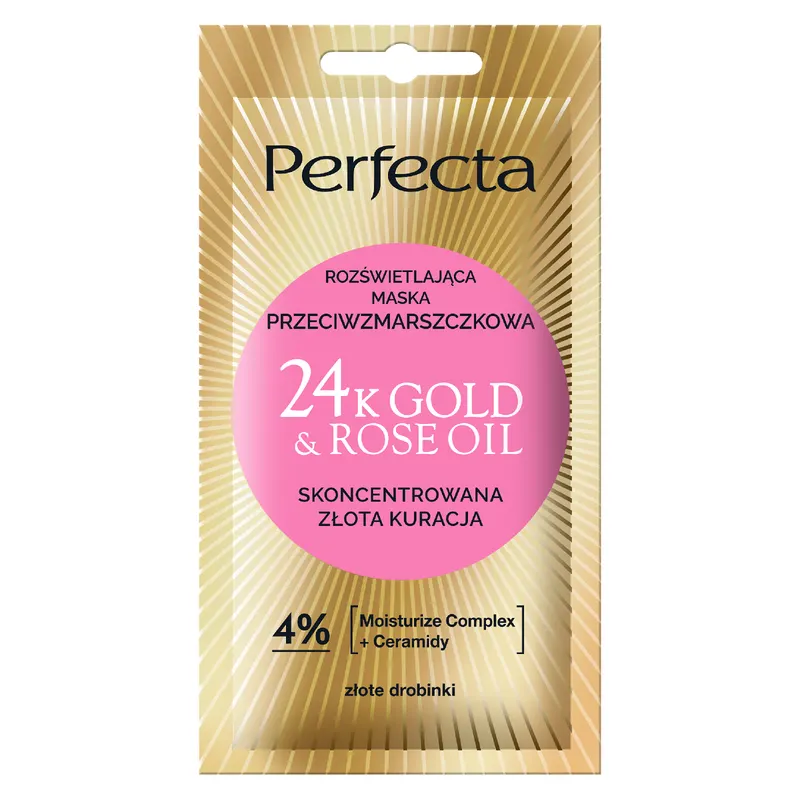 Perfecta 24K Gold&Rose Oil maska rozświetlająco-przeciwzmarszczkowa z 24K złotem, olejem różanym, ceramidami i niacynamidem 8 ml