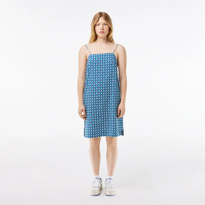 Lacoste Sukienka Damska Monogram Na Ramiączkach Straight Fit Zielona Zielony