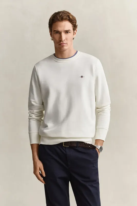 Gant Bluza Męska Z Okrągłym Dekoltem Regular Fit Biała