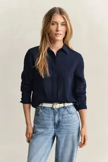 Gant Lniana Koszula Damska Z Długim Rękawem Regular Fit Granatowa