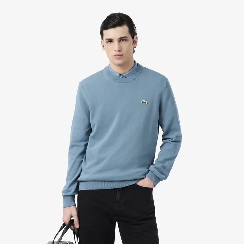 Lacoste Jednokolorowy Bawełniany Sweter Z Okrągłym Dekoltem Męskie Niebieski