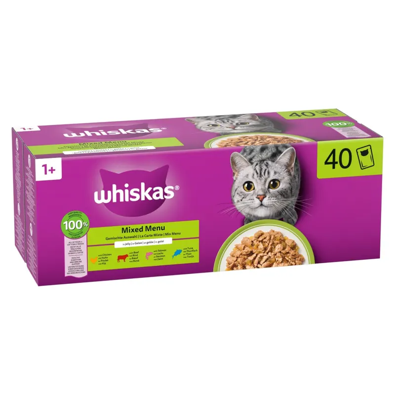 Whiskas 1+ Adult w saszetkach, 40 x 85 g - Mieszany pakiet w galarecie (4 smaki)