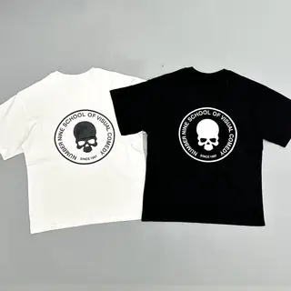 KK11 Number Nine N9 Skull Print Distressed Cracked Short Sleeved T-shirt Antique Black and White Style Tees