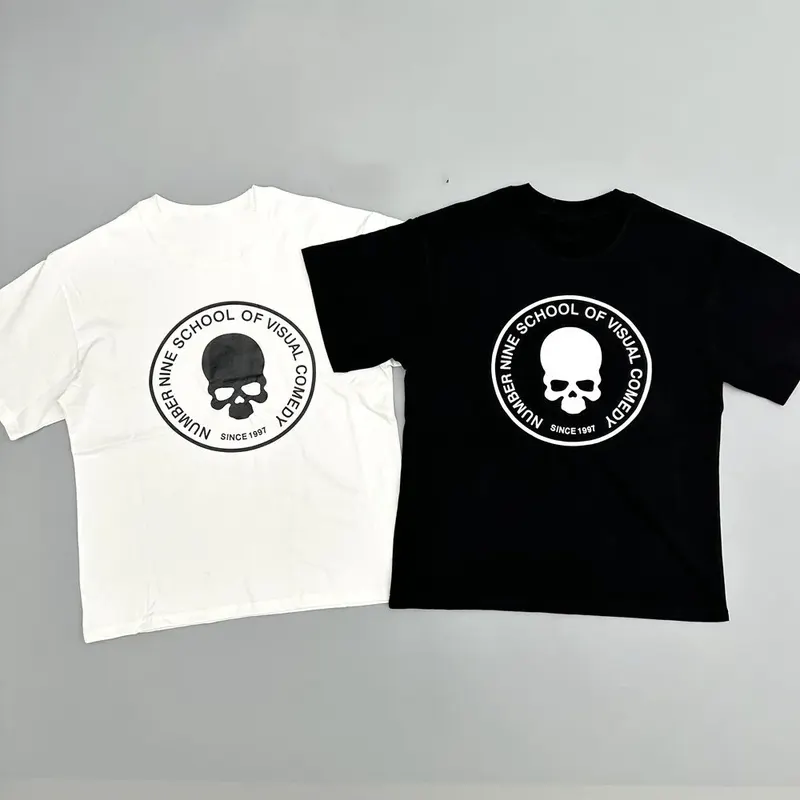 KK11 Number Nine N9 Skull Print Distressed Cracked Short Sleeved T-shirt Antique Black and White Style Tees