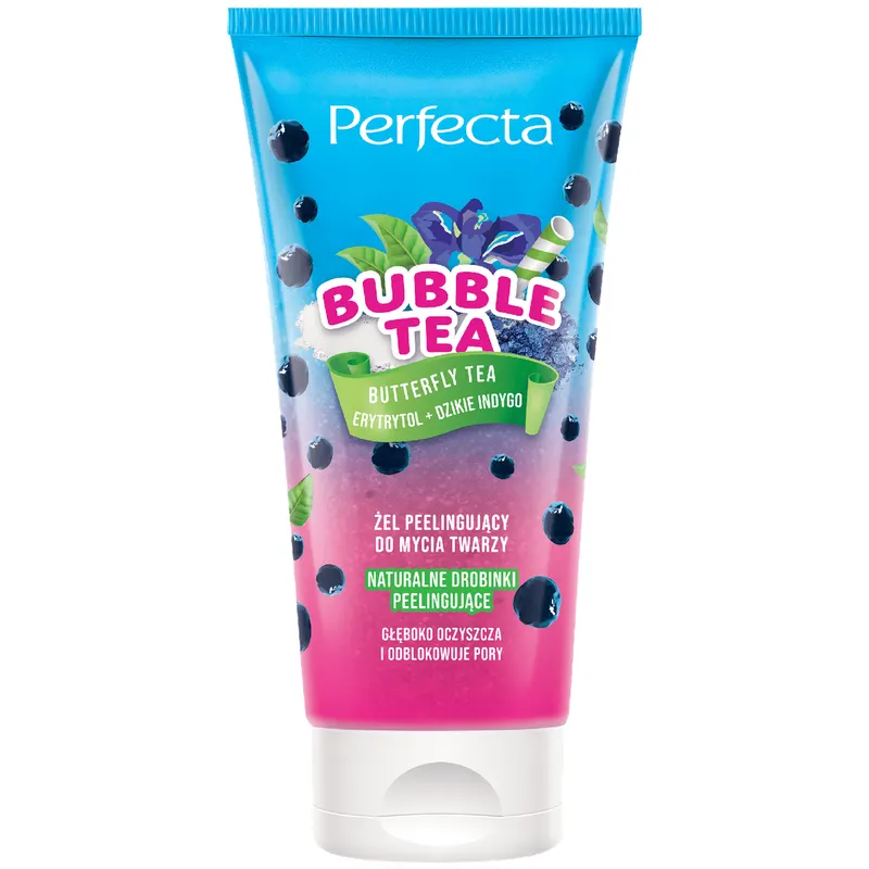 Perfecta Bubble Tea Butterfly Tea peelingujący żel do mycia twarzy z erytrytolem, dzikim indygo, niebieską herbatą, zieloną herbatą, celulozą i witaminą E 150 ml