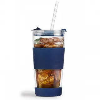 Kubek termiczny szklany ze słomką 600 ml granatowy fuori 30381