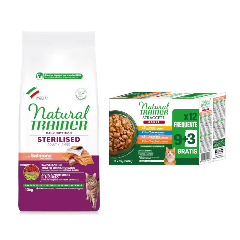 Natural Trainer: karma sucha, 10 kg + Straccetti Adult, paski w sosie, 12 x 85 g gratis! - Sterilised, z łososiem