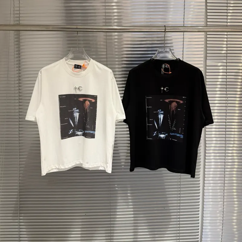 THUG CLUB Flash Print Metal Star and Moon Logo Patched Loose Casual Solid-color Short Sleeve T-shirt Half Sleeve
