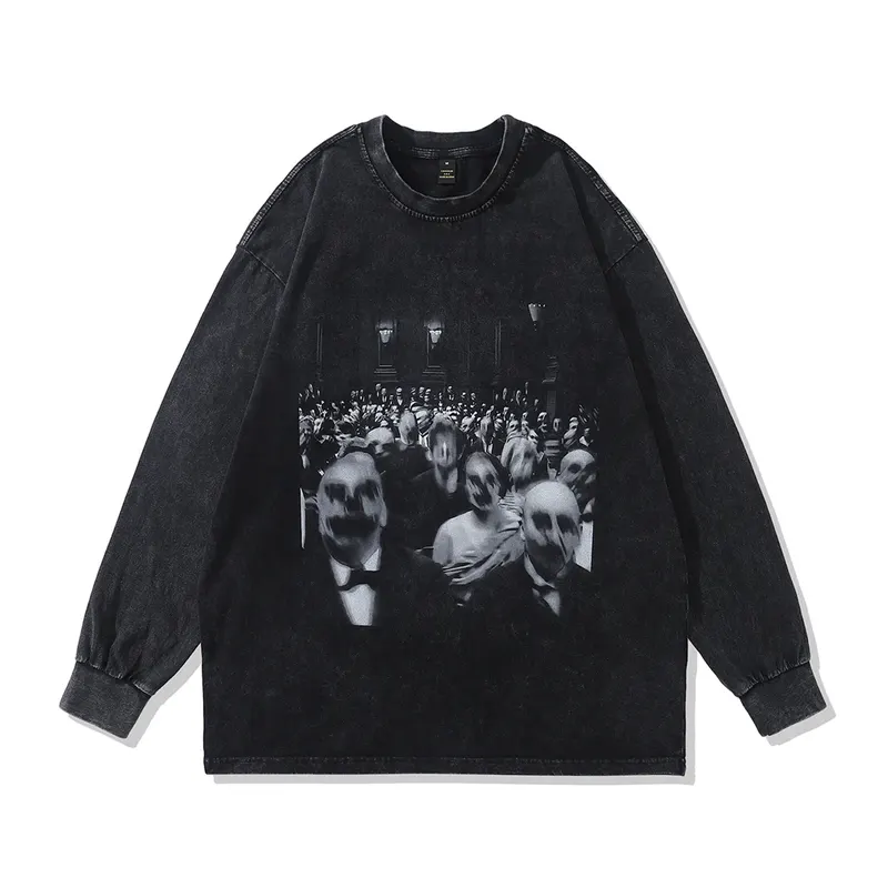 Evils Print Graphic T Shirts Oversized Vintage Long Sleeve Goth Men Y2k Grunge T-shirts Streetwear Loose Harajuku Anime Tops Tee