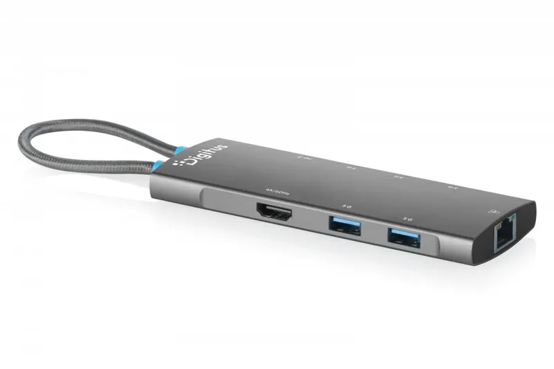 Digitus Stacja dokująca USB-C 8-portowa, HDMI 4K/60Hz, 4x USB-A + 1x USB-C 3.2 Gen1, RJ45 Gigabit, Power Delivery 100W, DP 1.4 Alt Mode, kabel 18cm