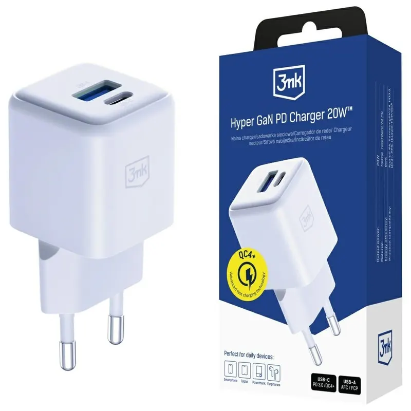 3MK Ładowarka sieciowa Hyper GaN 20W 1xUSB-A 1xUSB-C PD QC4+ biała