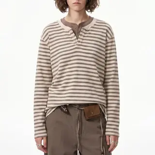 Striped Henley Collar Old Money Tee 2026 Autumn Premiere Japanese Vintage Contrast Shade Long‑Sleeve Garment Loose Daily Unisex