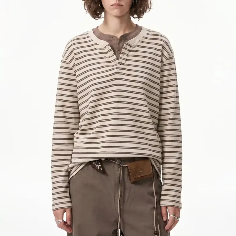 Striped Henley Collar Old Money Tee 2026 Autumn Premiere Japanese Vintage Contrast Shade Long‑Sleeve Garment Loose Daily Unisex