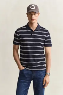 Gant Koszulka Polo Z Bawełny Pima Męska W Paski Regular Fit Granatowa