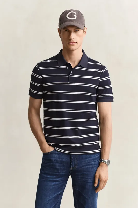 Gant Koszulka Polo Z Bawełny Pima Męska W Paski Regular Fit Granatowa