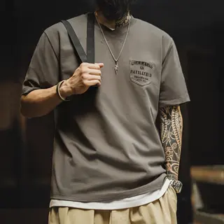 Maden Vintage Military Print Chest Pocket Short Sleeves T-Shirt Ribbed V-Neck 100% Cotton Men's Summer Tee Casual Street Tops
