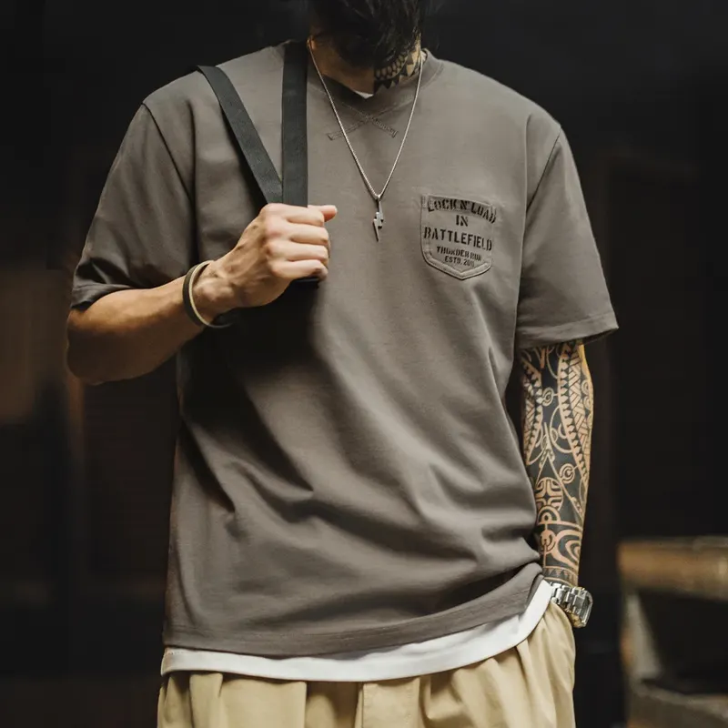 Maden Vintage Military Print Chest Pocket Short Sleeves T-Shirt Ribbed V-Neck 100% Cotton Men's Summer Tee Casual Street Tops