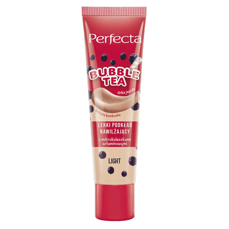 Perfecta Bubble Tea Light lekki podkład nawilżający do twarzy ze średnim kryciem, kombuchą, dziką jagodą, witaminą C i pantenolem 30 ml