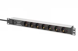 Digitus Listwa zasilająca PDU Rack 19" z zabezpieczeniem przeciwprzepięciowym + filtr EMI/RFI, 7 gniazd Schuko CEE 7/3, kabel 2m, wtyk Unischuko CEE 7