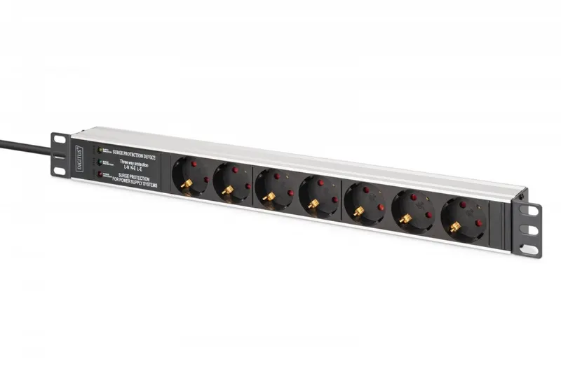 Digitus Listwa zasilająca PDU Rack 19" z zabezpieczeniem przeciwprzepięciowym + filtr EMI/RFI, 7 gniazd Schuko CEE 7/3, kabel 2m, wtyk Unischuko CEE 7