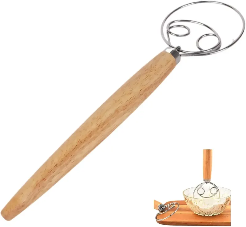 TRZEPACZKA DO CIASTA DUŃSKA STAL NIERDZEWNA DREWNIANY UCHWYT 33CM