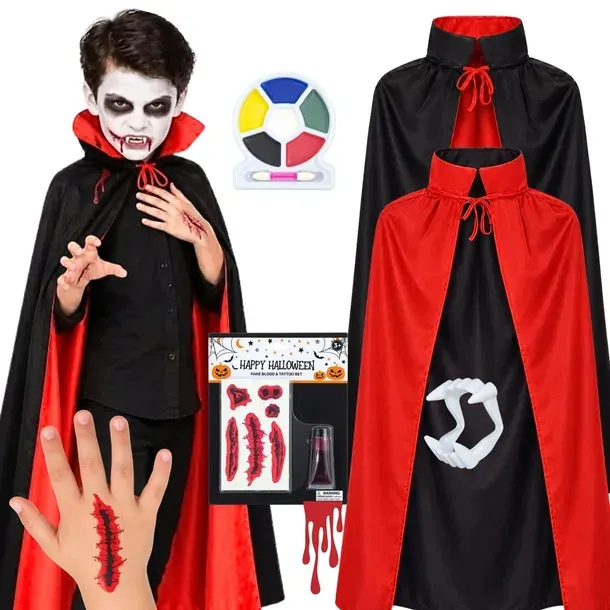 Strój Halloween PELERYNA DRACULA 90-120 KREW RANY KŁY FARBY Kostium 5 el