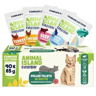 ANIMAL ISLAND Everyday Wołowina, kurczak, indyk i biała ryba filety w rosole Box - mokra karma dla kota - 40 x 85g