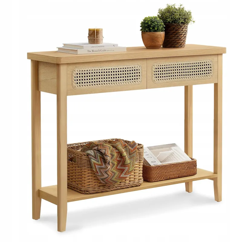 Konsola stolik prostokątny DĄB JASNY 100 x 30 x 80 cm BOHO Szuflady Rattan