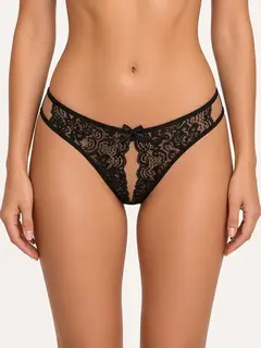 Open Crotch Lace Bow Panty Black - XXL