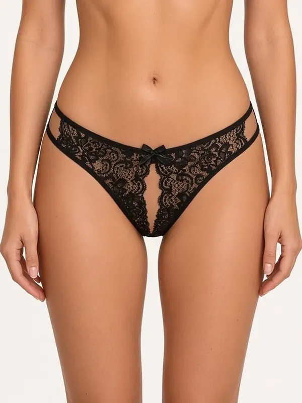 Open Crotch Lace Bow Panty Black - S