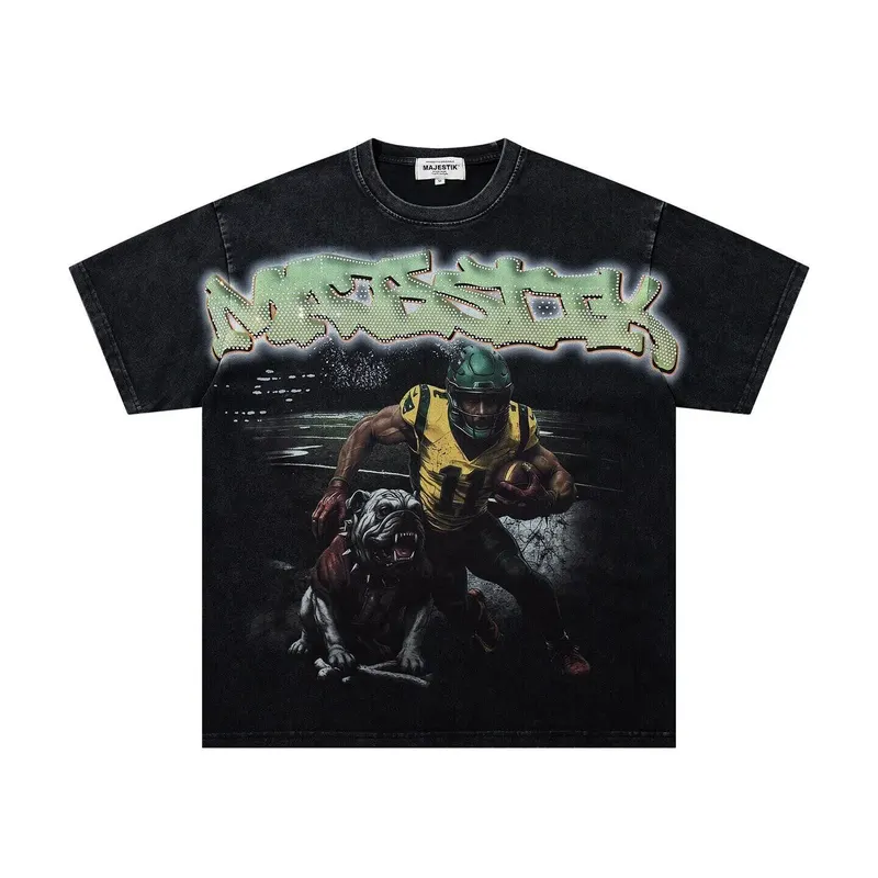 MAJESTIK Vintage Retro Polished Diamond Embroidered Letters Loose-Fitting Casual Round-neck Short-Sleeve T-Shirt Trendy