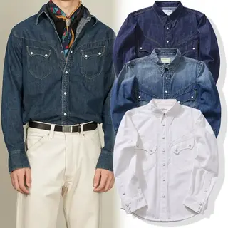 American Retro Pearl Button Original Color Washed Bamboo Knot Western Denim Shirt White Shirt Western Denim Style